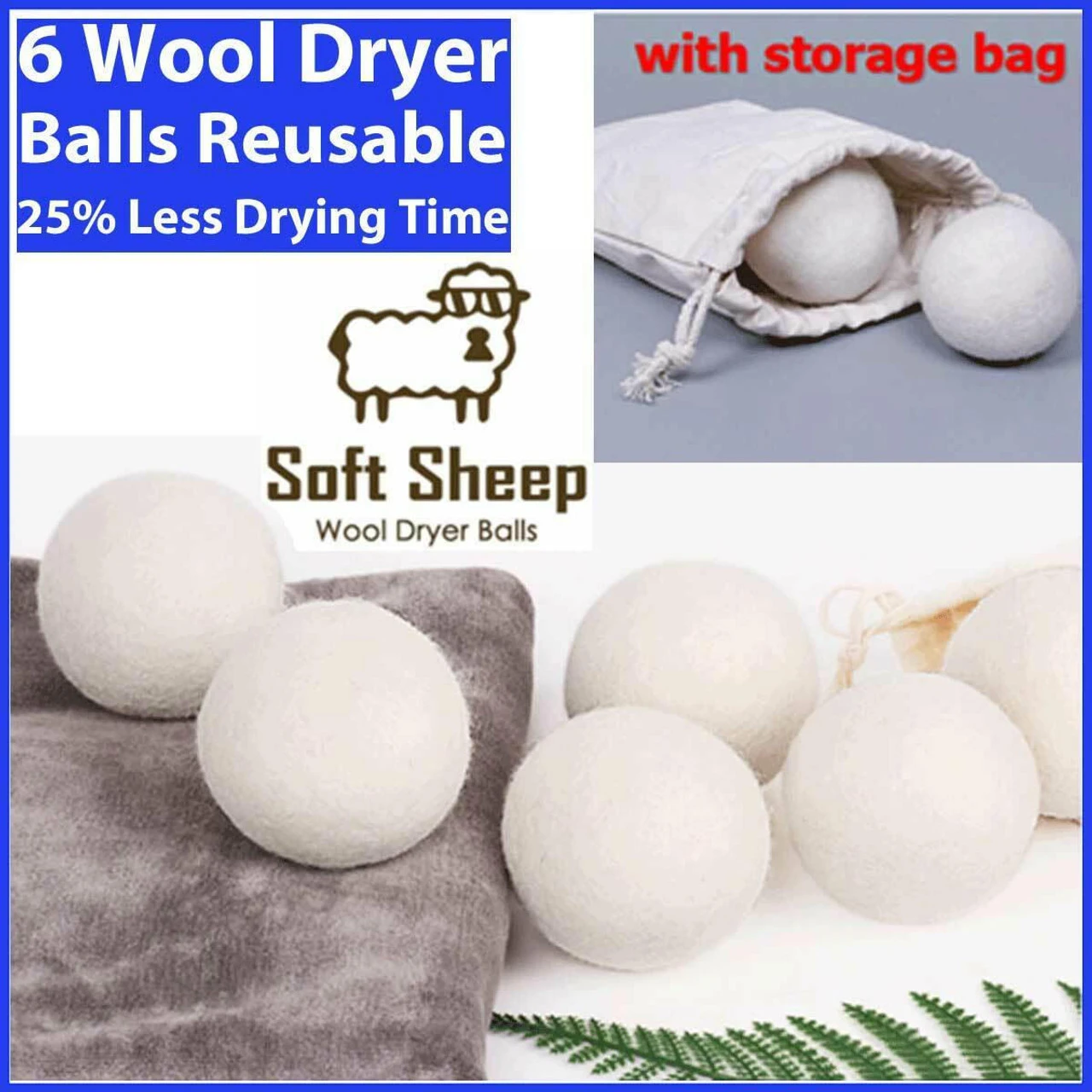 GENERIC 6 Wool Dryer Balls XL 100% Organic Wool Natural Laundry Fabric Softener New - Image 2