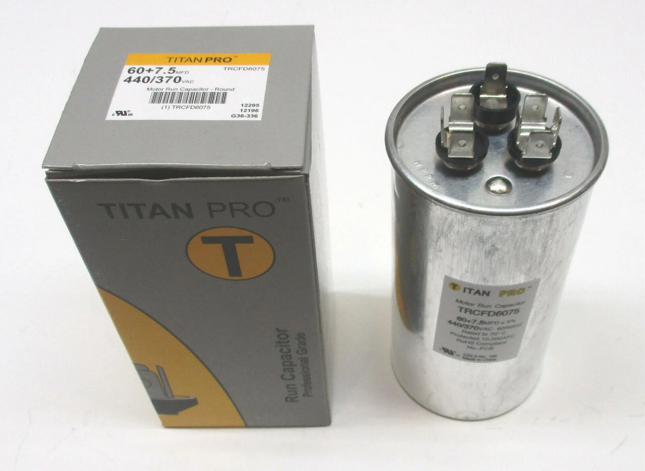 TitanPro TRCFD6075 HVAC Round Dual Motor Run Capacitor. 60/7.5 MFD/UF440/370